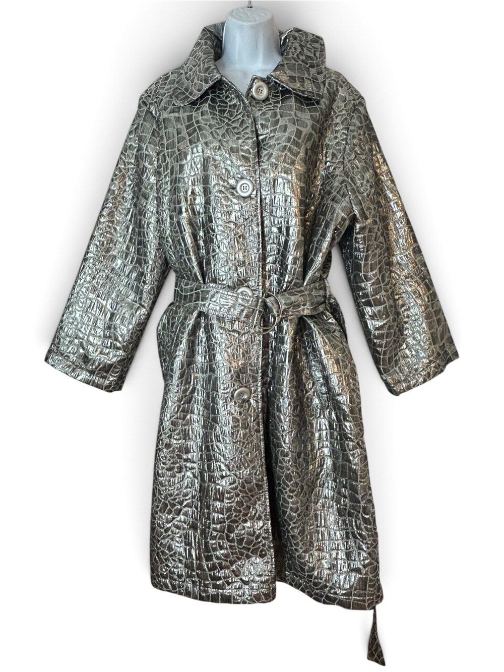 Donna Salyers Fabulous Furs Metallic Croc-Embossed Trench Coat XL Silver